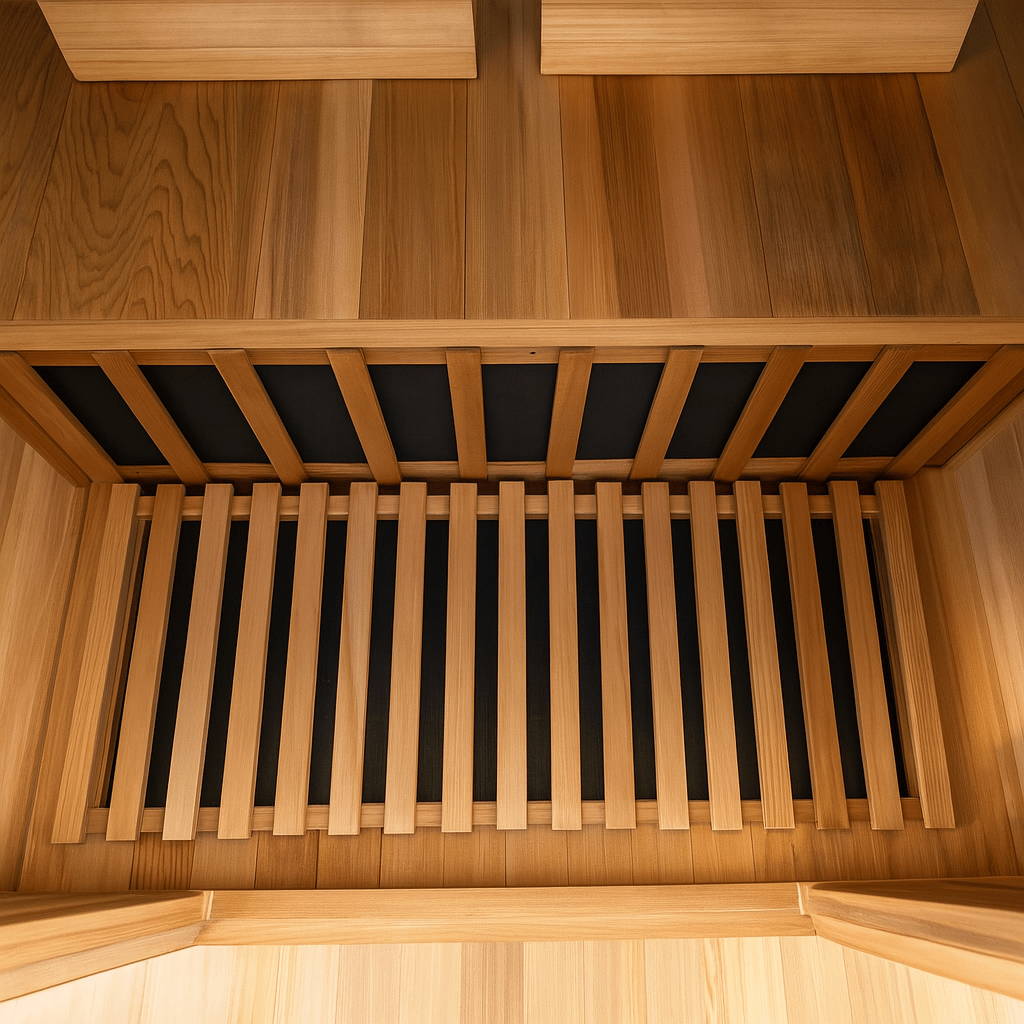 Interior view of SunRay 2-person cedar sauna featuring wooden slats and cedar flooring