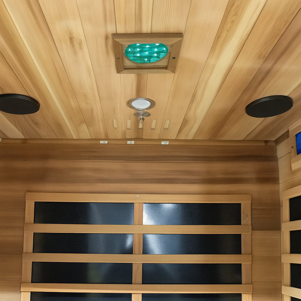 Interior view of SunRay 2-person cedar sauna with wooden benches and infrared panels