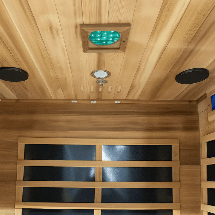 Interior view of a SunRay 2-person cedar sauna featuring wooden panels and lighting