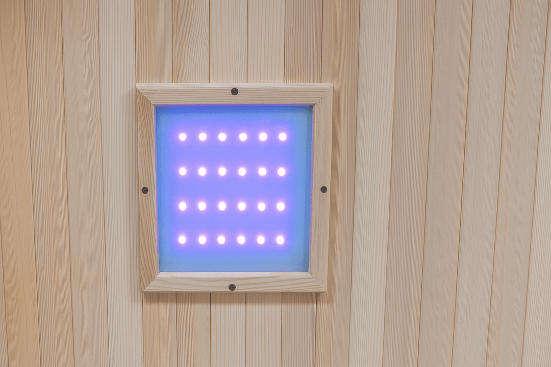 Interior view of a SunRay 2-person cedar sauna with LED lighting panel for a soothing atmosphere