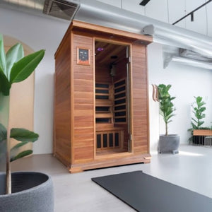 SunRay 2-person cedar sauna featuring a sleek design and comfortable interior for relaxing sessions