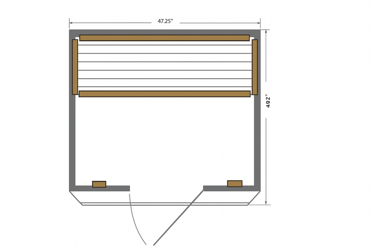 Diagram of SunRay 2-person cedar sauna showing top-down dimensions and bench layout