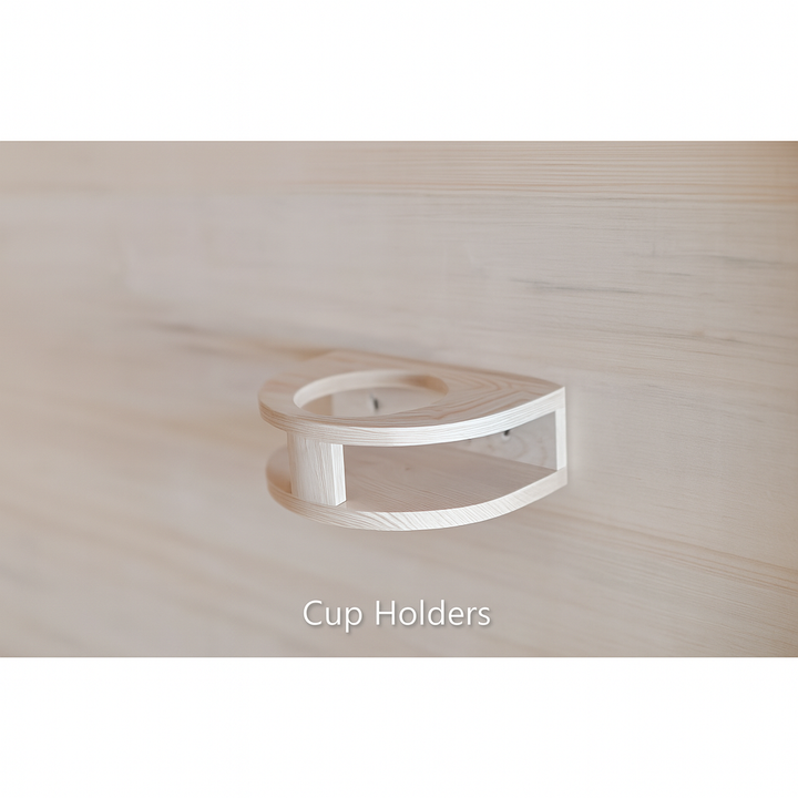 Cup holders attached to the interior wall of SunRay 2-person cedar sauna