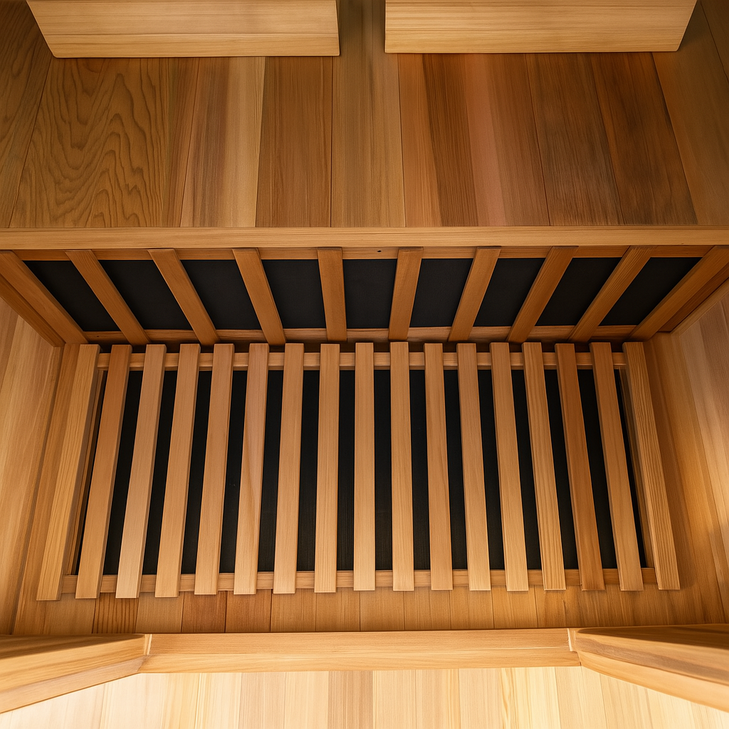 SunRay 2-person cedar sauna interior with wooden slatted bench and warm cedar wood finish