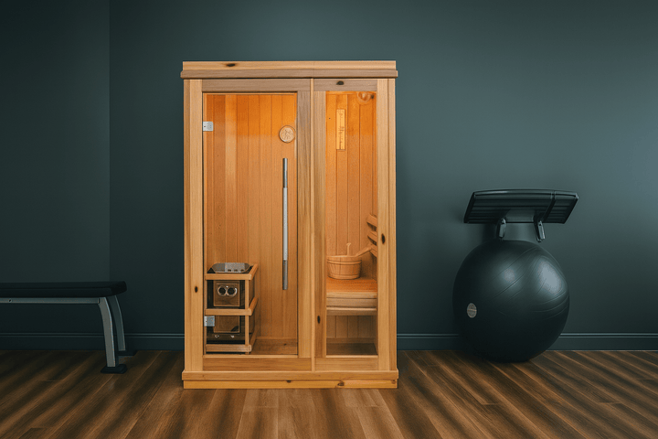 SunRay 2-person home sauna in wood finish with interior lighting and accessories