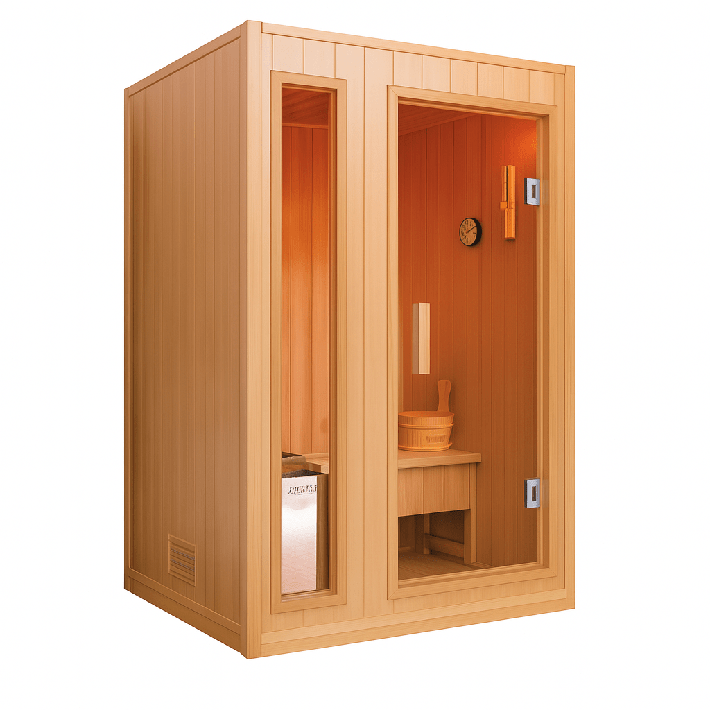 SunRay 2-person home sauna with natural wood finish and spacious interior for relaxation