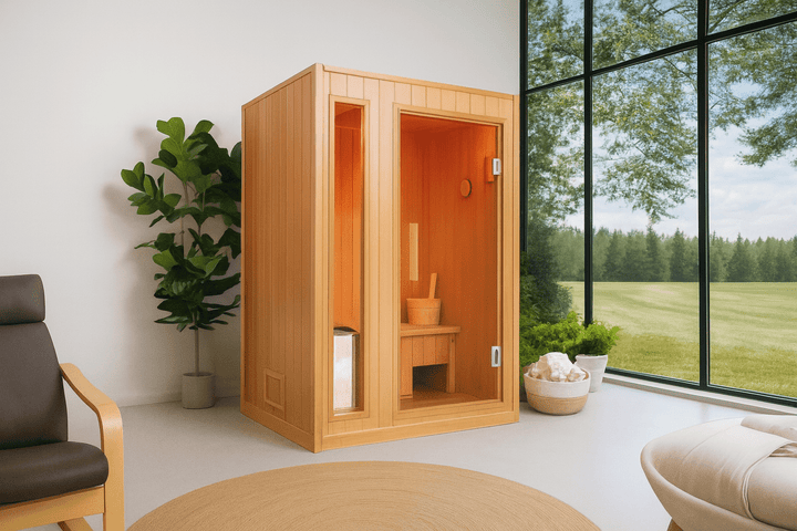 SunRay 2-person home sauna in a modern space with large windows and greenery