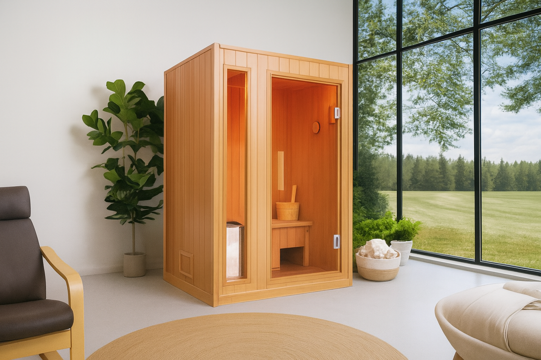 SunRay traditional wooden 2-person home sauna in a modern bright room with large windows