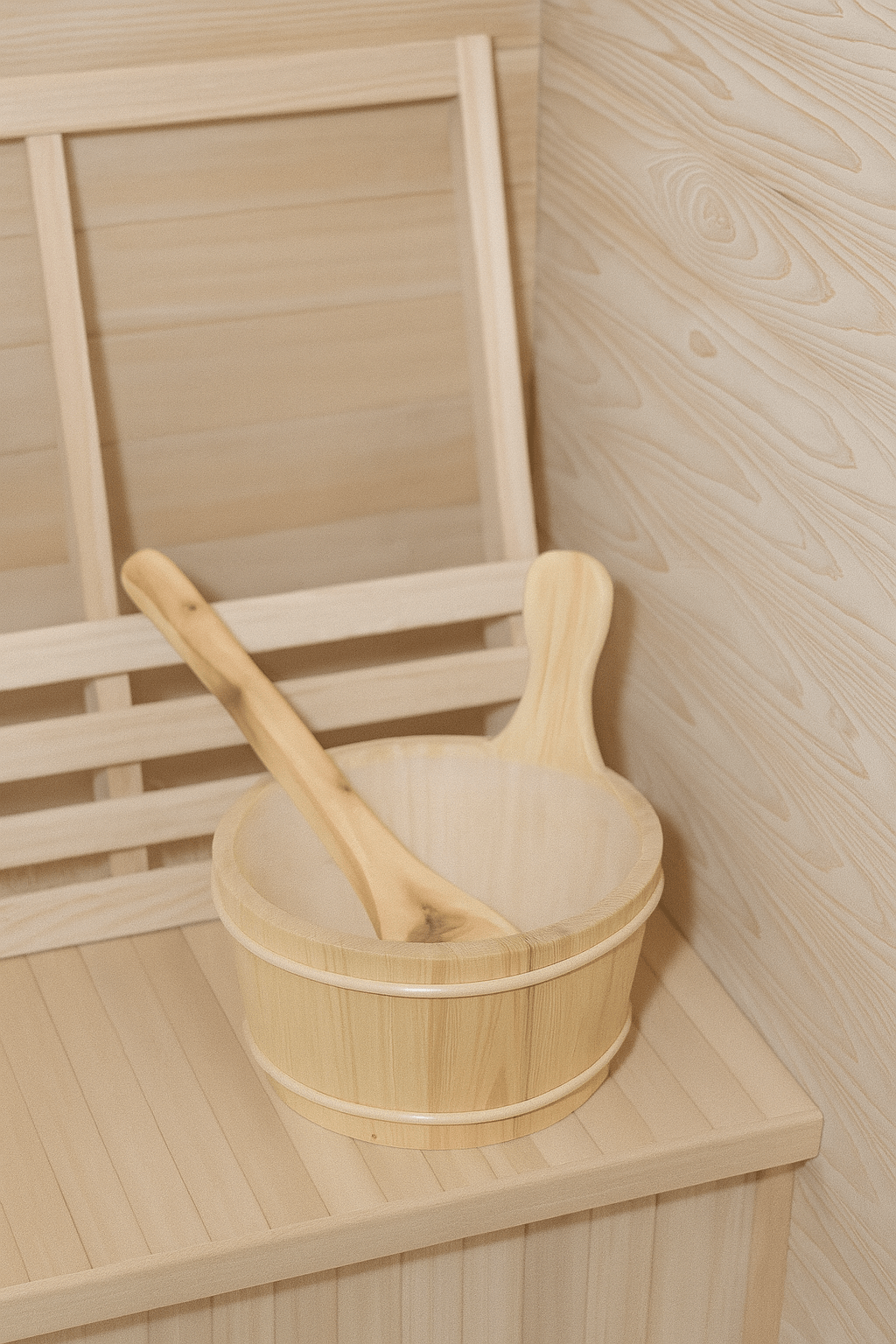 Traditional wooden bowl and ladle inside a SunRay 2-person home sauna for a relaxing experience