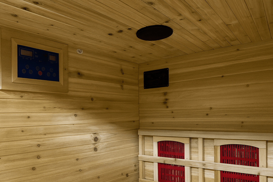 Interior view of SunRay 2-person infrared sauna with wooden paneling and control panel