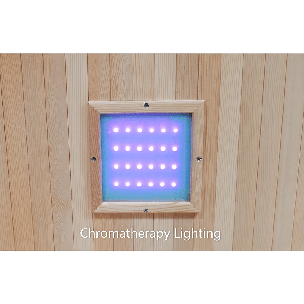 Chromatherapy lighting feature in the SunRay 2 person infrared sauna for enhanced relaxation