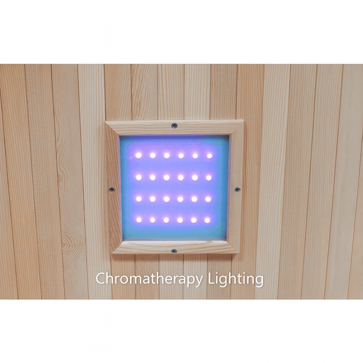 Chromatherapy lighting feature in the SunRay 2 person infrared sauna for enhanced relaxation