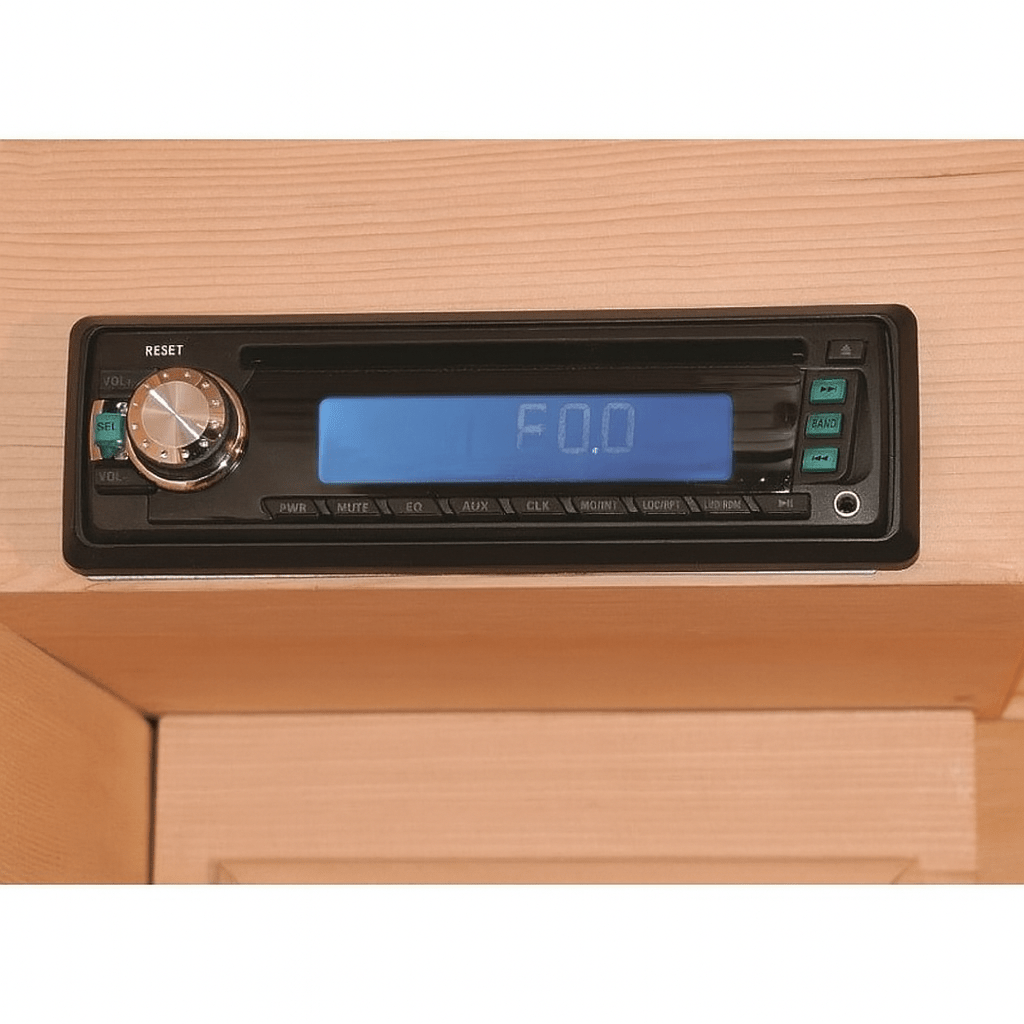 Control panel of SunRay 2 person infrared sauna with digital display and adjustment knobs
