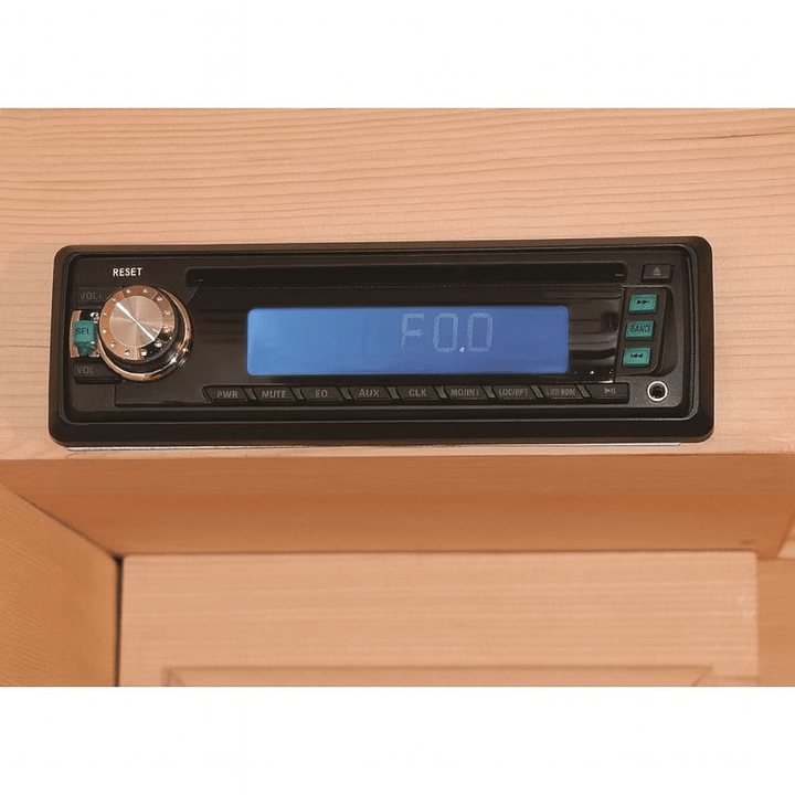 Control panel of SunRay 2 person infrared sauna with digital display and adjustment knobs