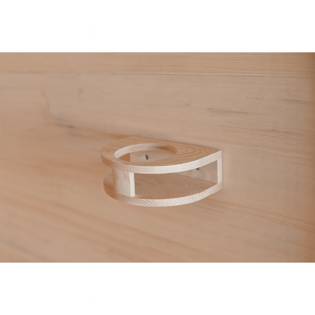 Close-up of the wooden handle in a SunRay 2 person infrared sauna for easy entry and exit