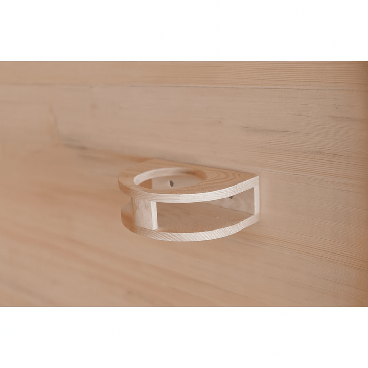 Close-up of the wooden handle in a SunRay 2 person infrared sauna for easy entry and exit