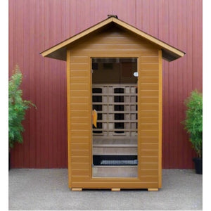 SunRay 2-person infrared sauna with a wooden exterior and front entrance for home wellness