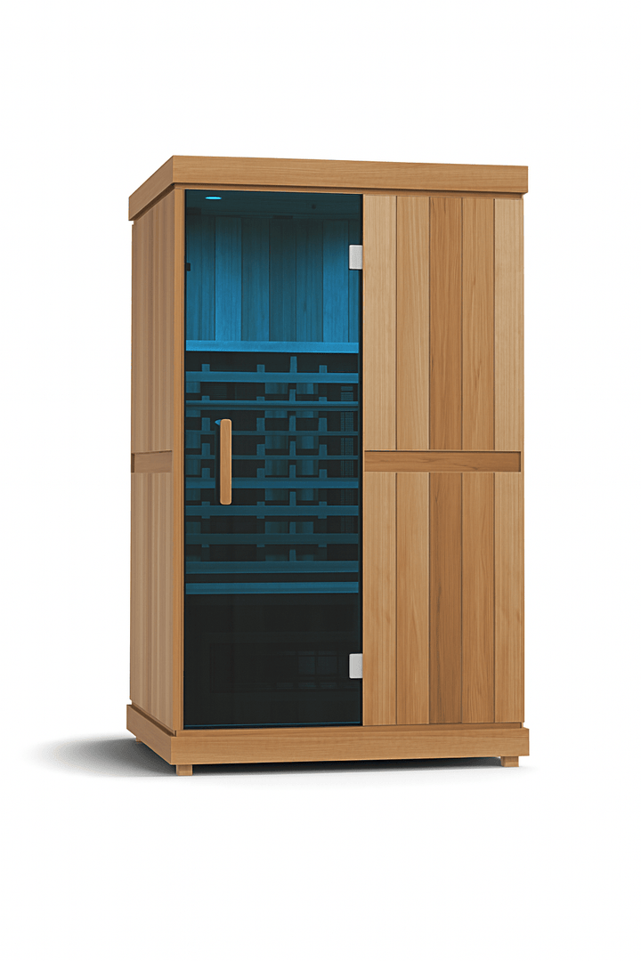 Finnmark 2 person infrared sauna for home with sleek wooden design and modern glass door