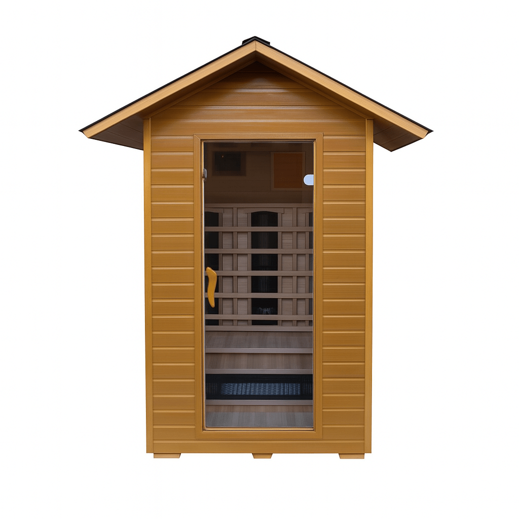 SunRay 2-person infrared sauna with a wooden exterior and glass door for relaxing sessions