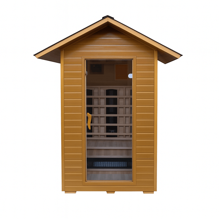 SunRay 2-person infrared sauna with a wooden exterior and glass door for relaxing sessions