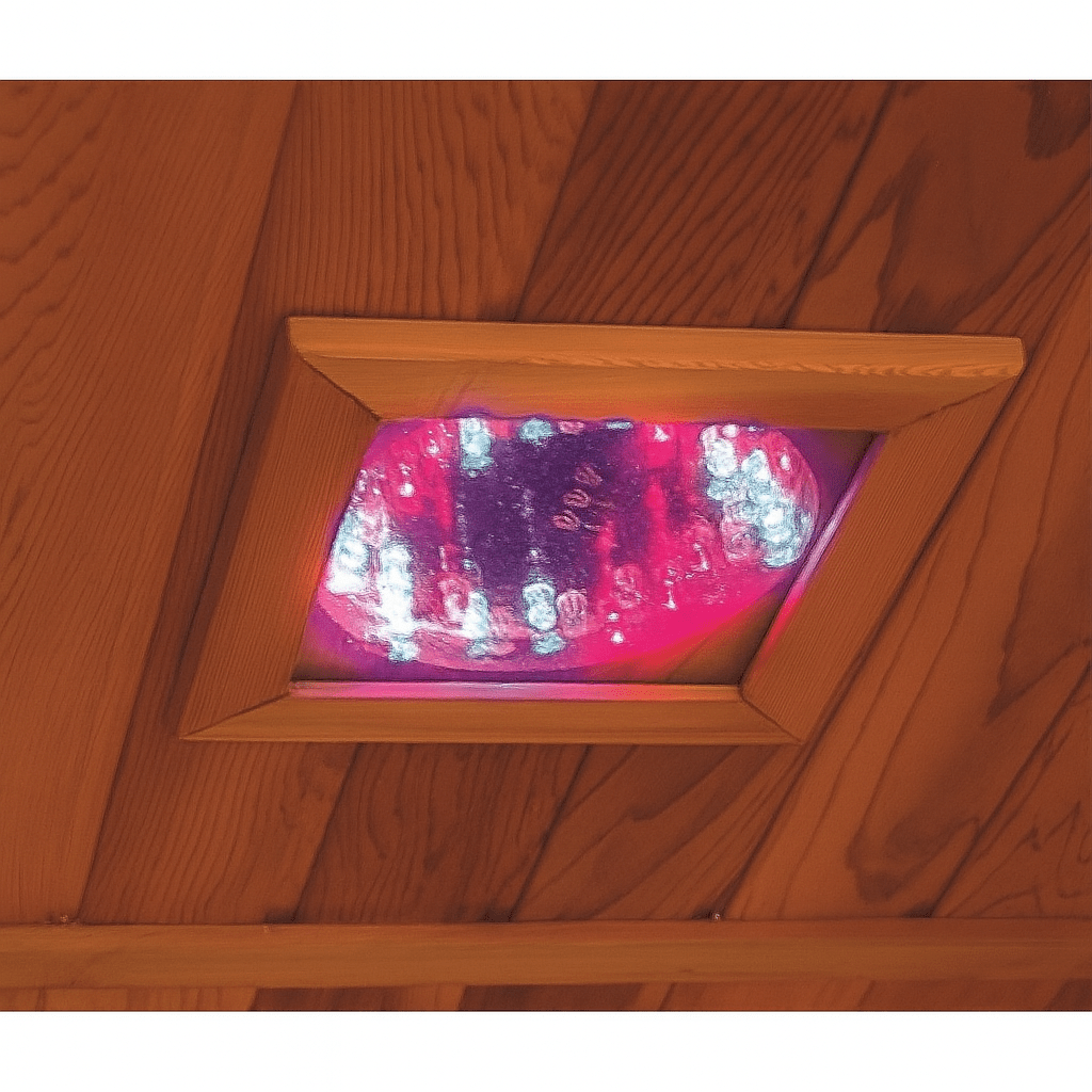 SunRay 2 person infrared sauna ceiling view showcasing infrared heat lamps for optimal relaxation