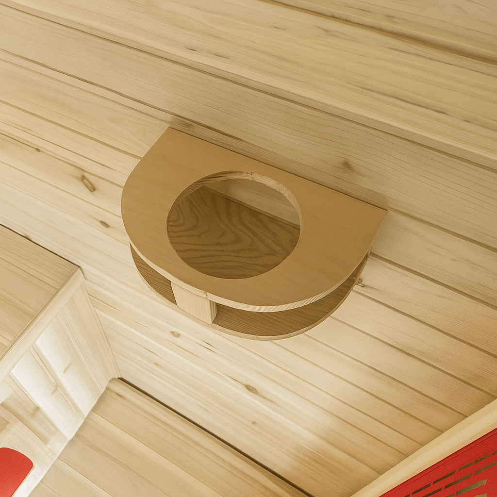 Interior view of the SunRay 2-person infrared sauna showcasing the wooden design and built-in shelf