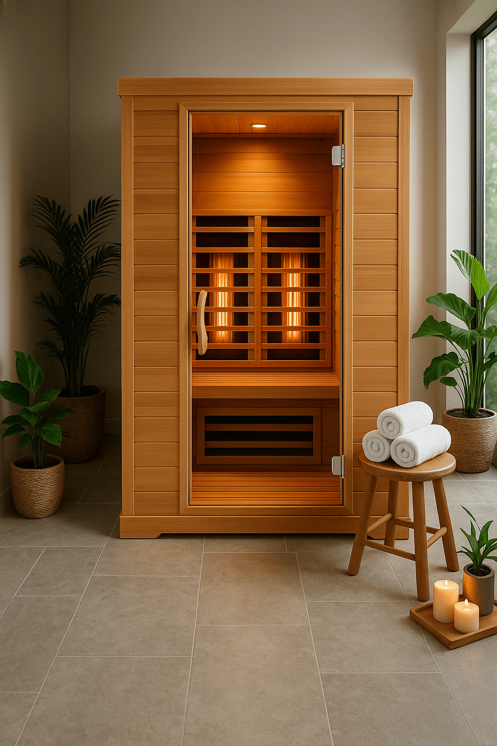 SunRay 2 person infrared sauna in a stylish setting with towels and plants for relaxation