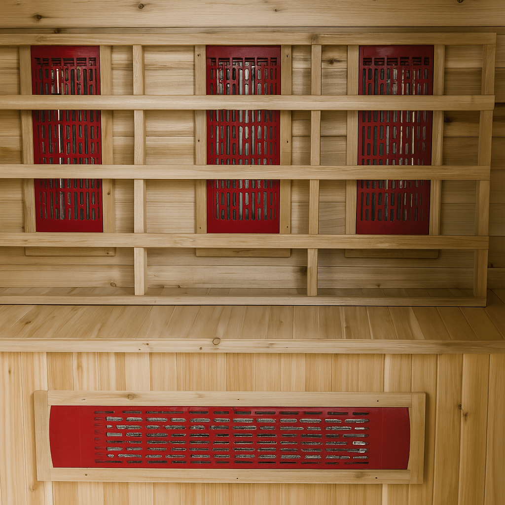 Interior view of SunRay 2-person infrared sauna with wooden paneling and red heating elements