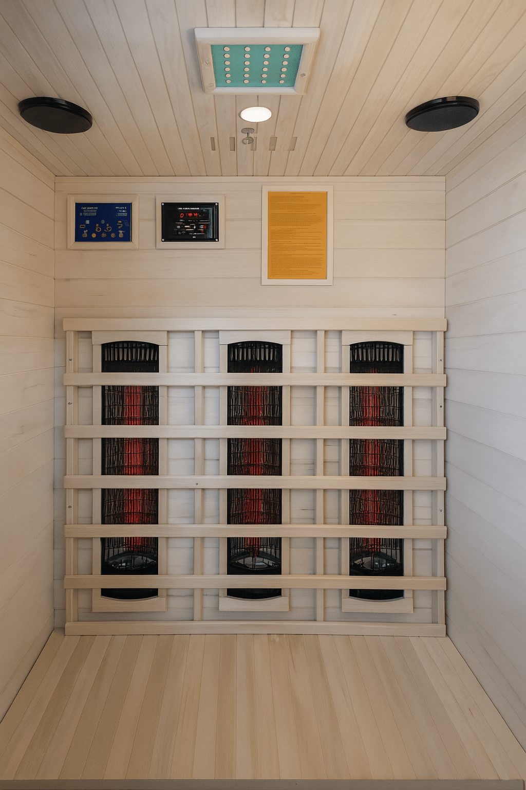 Interior view of a SunRay 2-person infrared sauna with infrared heaters and control panel