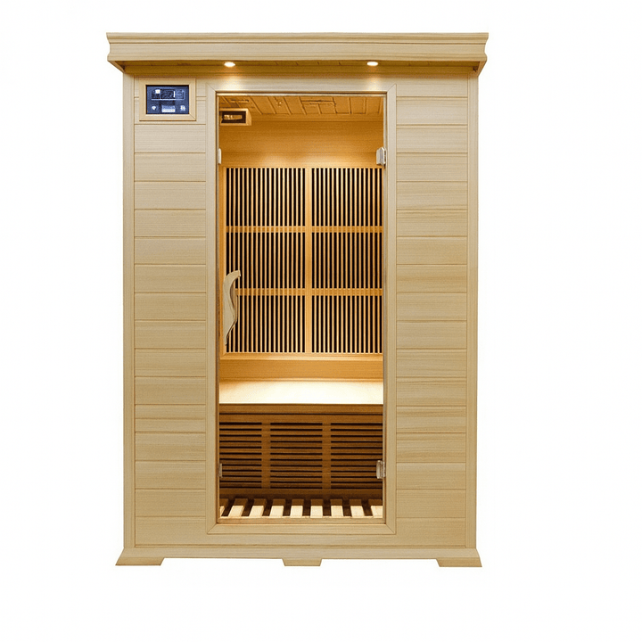 SunRay 2 person infrared sauna with wooden design and digital control panel for relaxation
