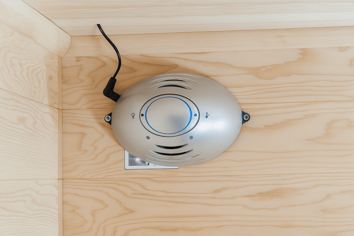 SunRay 2-person infrared sauna interior with silver control panel for heat settings