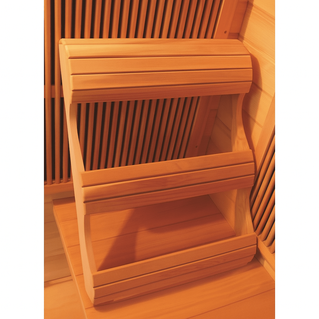 Wooden bench inside a SunRay 2 person infrared sauna offering a cozy and relaxing experience