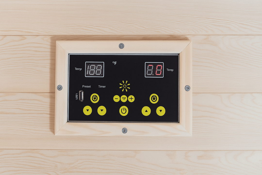 Control panel for SunRay 2-person infrared sauna with adjustable temperature and timer settings