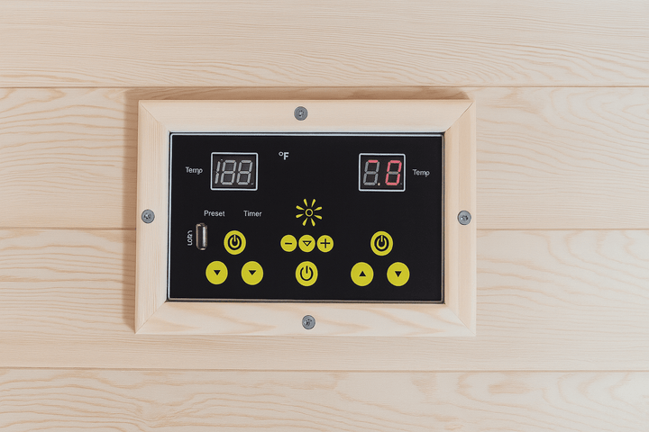 Control panel for SunRay 2-person infrared sauna with adjustable temperature and timer settings