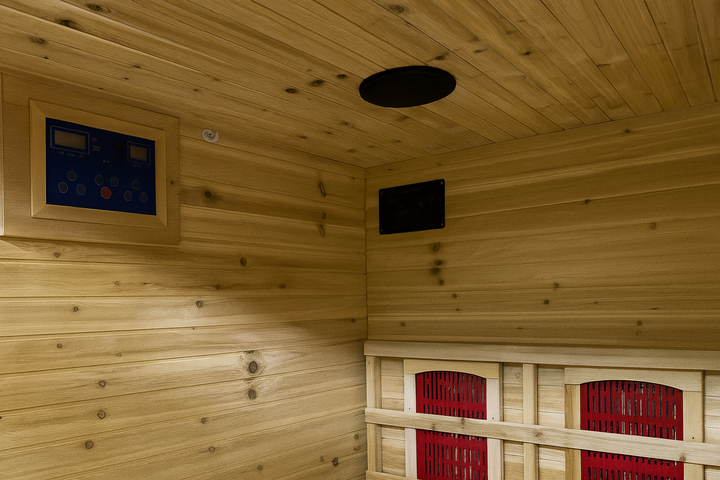 SunRay 2-person infrared sauna interior with wooden panels and red heating elements
