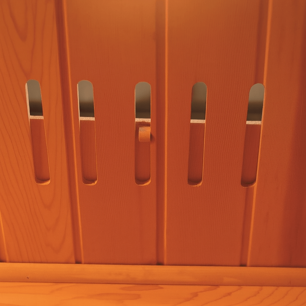 SunRay 2 person infrared sauna featuring wooden panel design with air vents for ventilation