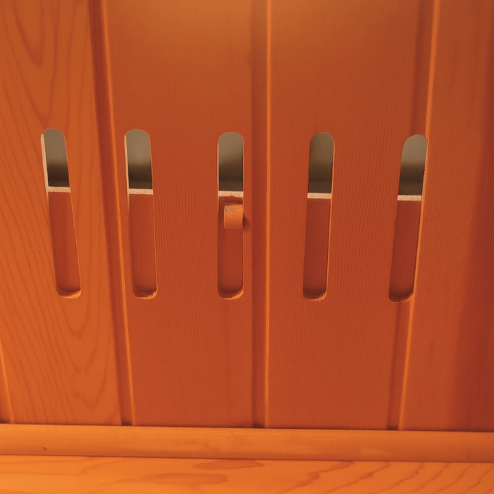 SunRay 2 person infrared sauna featuring wooden panel design with air vents for ventilation
