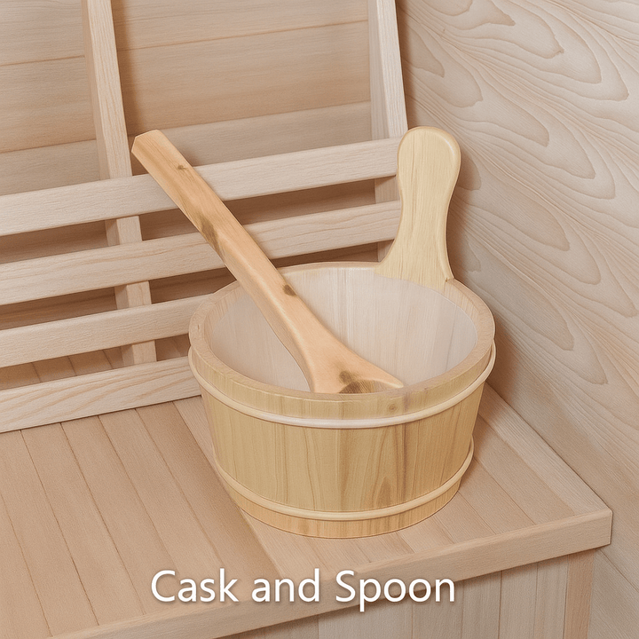Traditional wooden cask and spoon for use in a 2-person outdoor sauna by SunRay