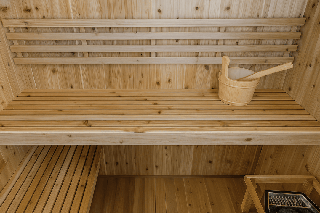Inside view of a SunRay 3-person indoor sauna with wooden benches and accessories