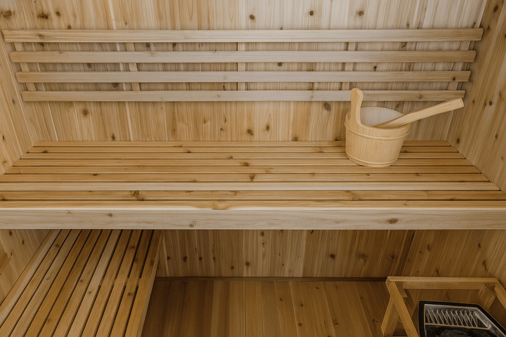 Inside view of a SunRay 3-person indoor sauna with wooden benches and accessories