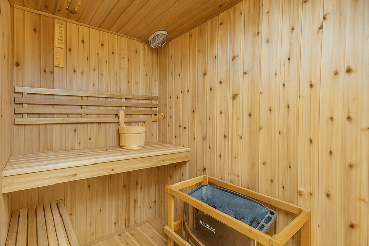 SunRay 3-person indoor sauna featuring wooden benches and a heater for relaxation and wellness