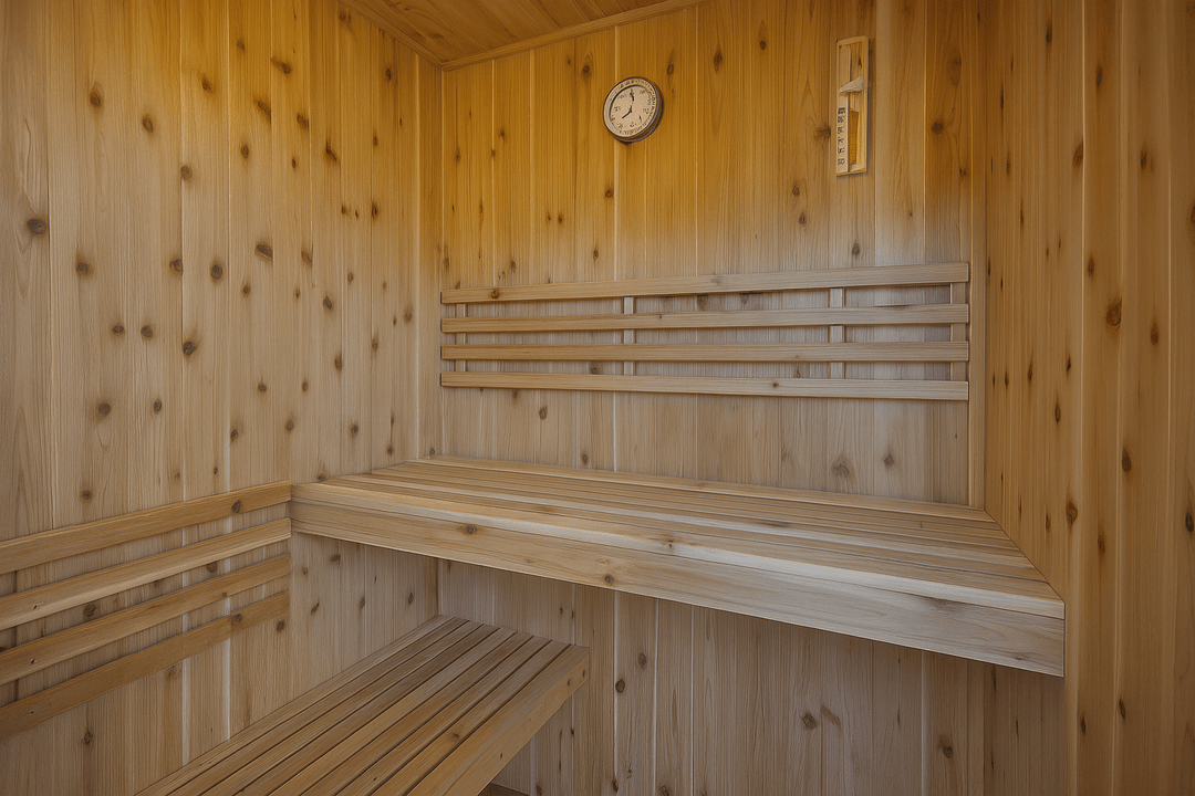 SunRay 3-person indoor sauna featuring natural wood benches and wall clock for relaxation