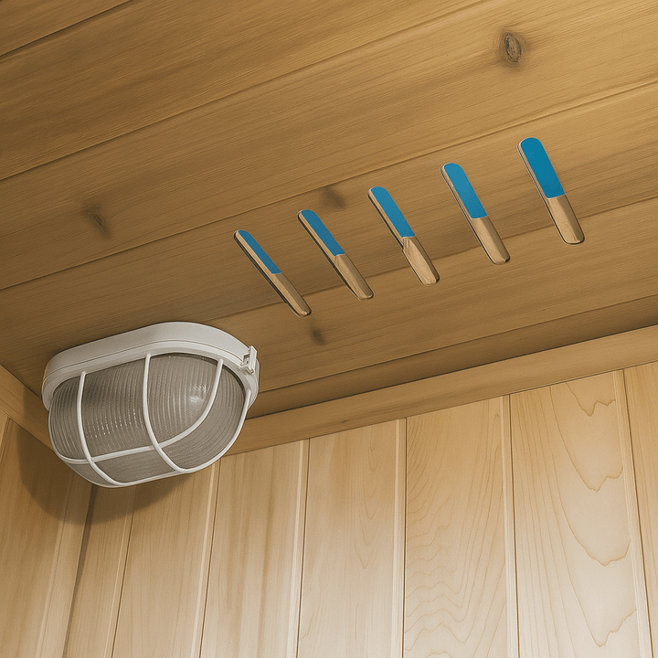 Ceiling view of SunRay 3-person indoor sauna with unique light fixtures and wooden panels