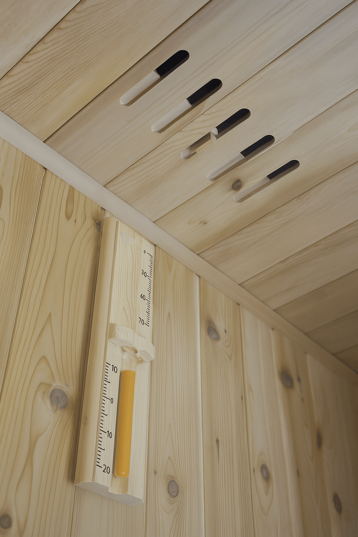 SunRay 3-person indoor sauna featuring wooden construction and a built-in temperature gauge