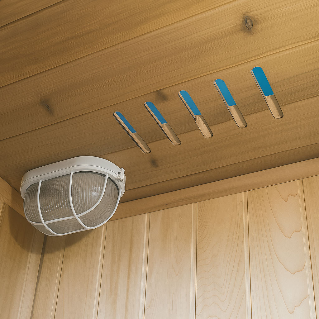 SunRay 3-person indoor sauna interior with wooden panels and ceiling light fixture