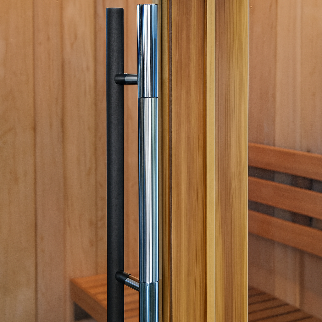 Close up of door handle on SunRay 3-person indoor sauna with wooden interior benches