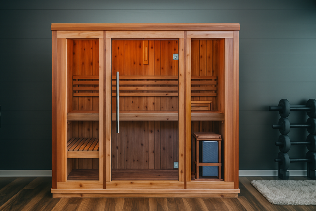 SunRay traditional 3-person indoor sauna with wooden interior and glass front door in a home gym
