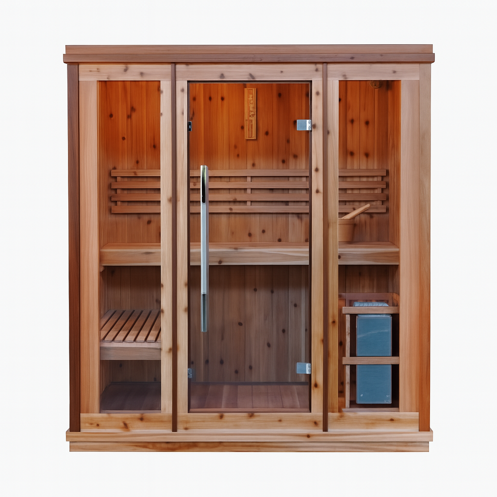 SunRay traditional 3-person indoor sauna made of wood with glass door and interior bench seating