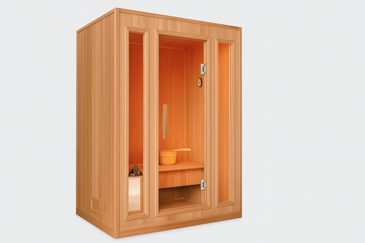 SunRay 3-person indoor sauna with wooden finish and spacious interior for relaxation