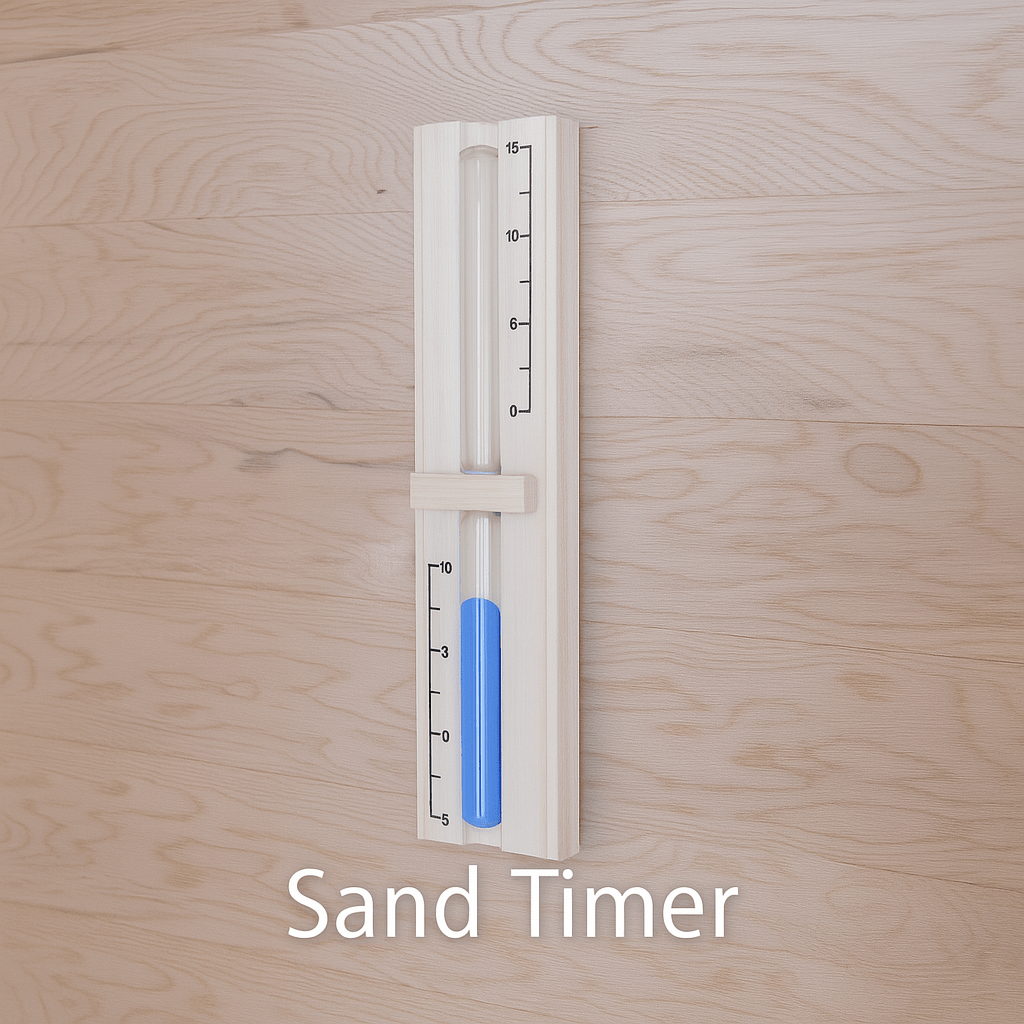 Sand timer in a wooden frame, ideal for tracking time in a 3-person indoor sauna